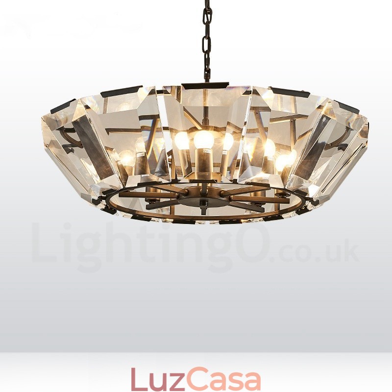 Luminária pendente moderna contemporânea de aço com 8 luzes e cúpula de cristal