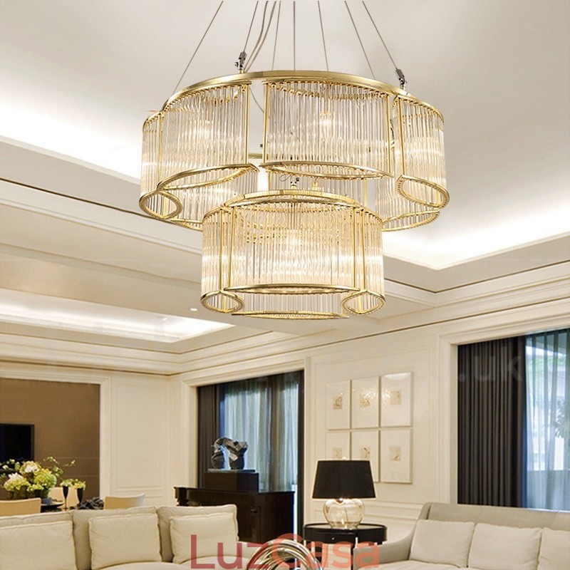 Luminária pendente moderna contemporânea de aço com 11 luzes e cúpula de cristal