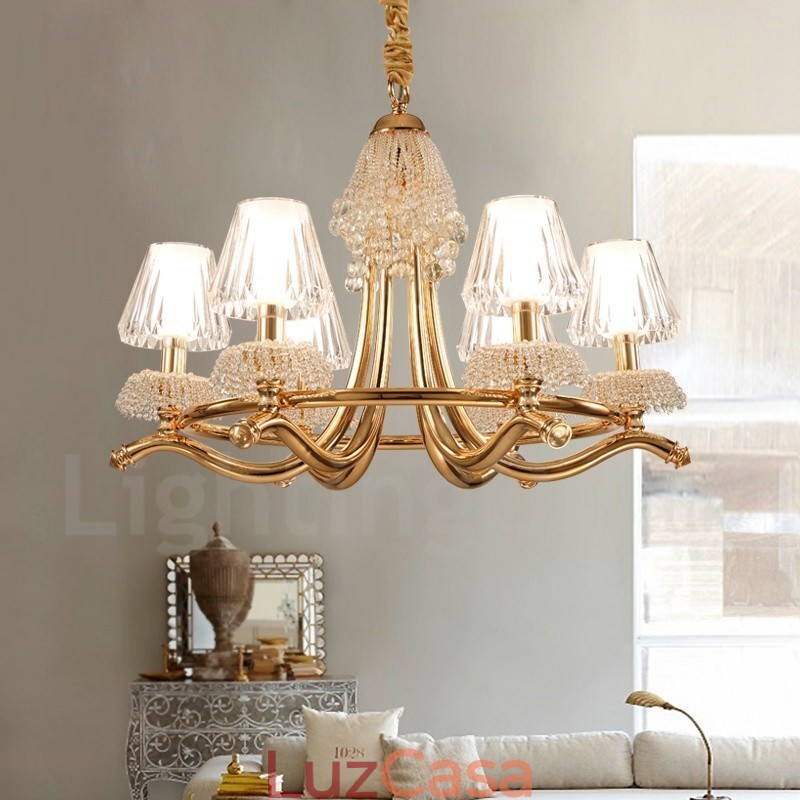 Lustre moderno contemporâneo de aço de cristal de 6 luzes com cúpula de acrílico