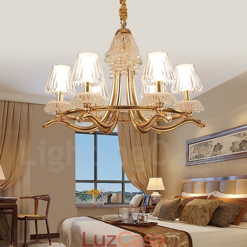 Lustre moderno contemporâneo de aço de cristal de 6 luzes com cúpula de acrílico
