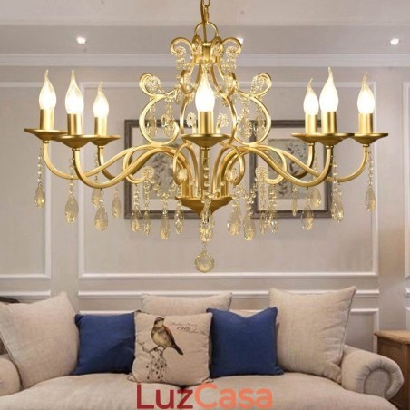 Lustre de cristal de aço rústico Lodge 8 luzes com cúpula de tecido Lustre de cristal de aço rústico Lodge 8 luzes com cúpula de tecido