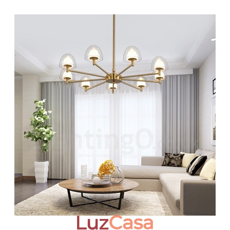 Lustre de metal moderno e contemporâneo de 9 luzes com cúpula de acrílico