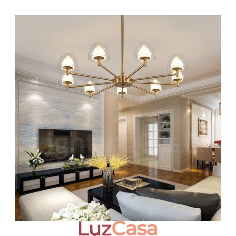 Lustre de metal moderno e contemporâneo de 9 luzes com cúpula de acrílico