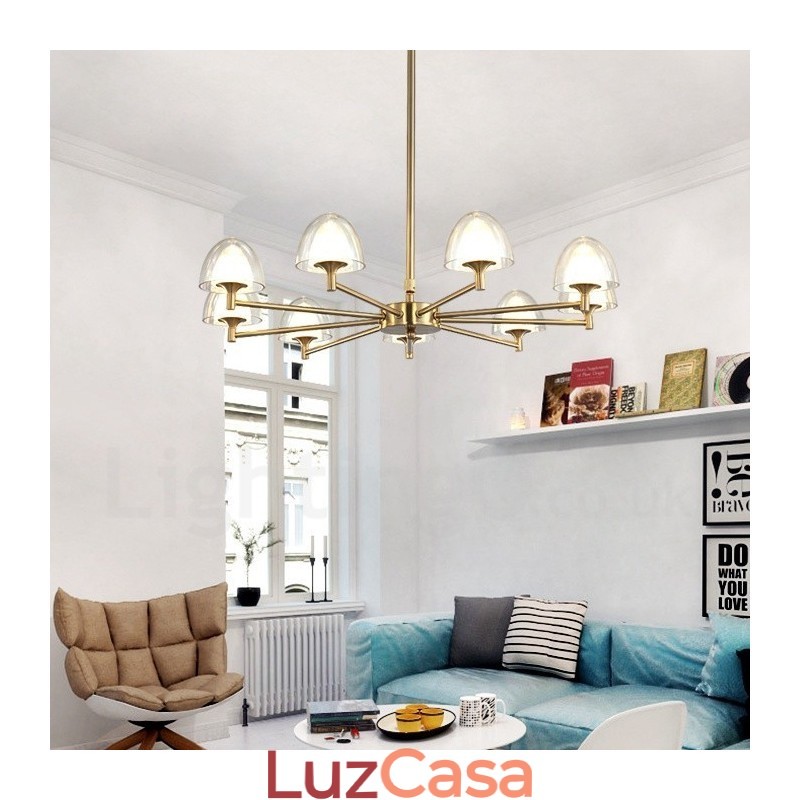 Lustre de metal moderno e contemporâneo de 9 luzes com cúpula de acrílico