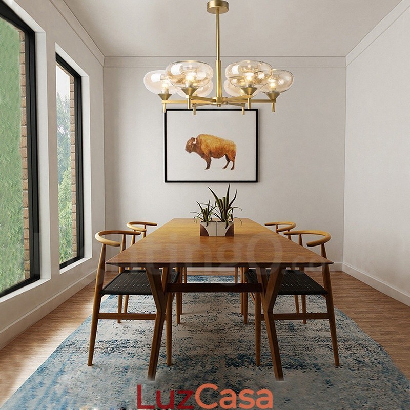 Lustre moderno contemporâneo de liga de alumínio com 6 luzes e cúpula de vidro