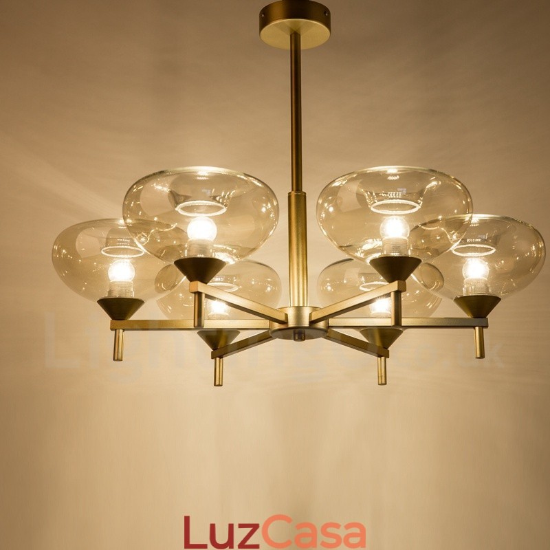 Lustre moderno contemporâneo de liga de alumínio com 6 luzes e cúpula de vidro