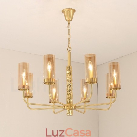 Lustre moderno contemporâneo de latão com 8 luzes e cúpula de vidro Lustre moderno contemporâneo de latão com 8 luzes e cúpula de vidro