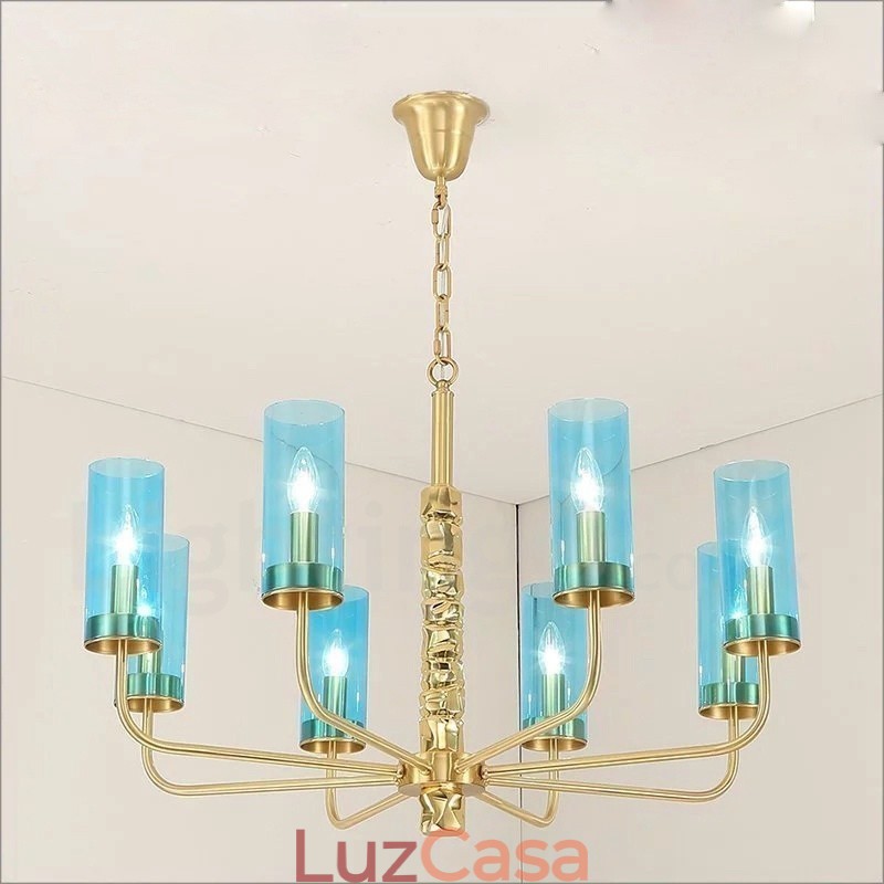 Lustre moderno contemporâneo de latão com 8 luzes e cúpula de vidro
