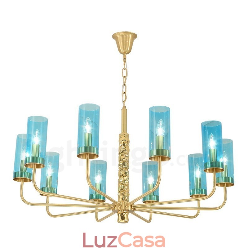 Lustre moderno contemporâneo de latão com 10 luzes e cúpula de vidro