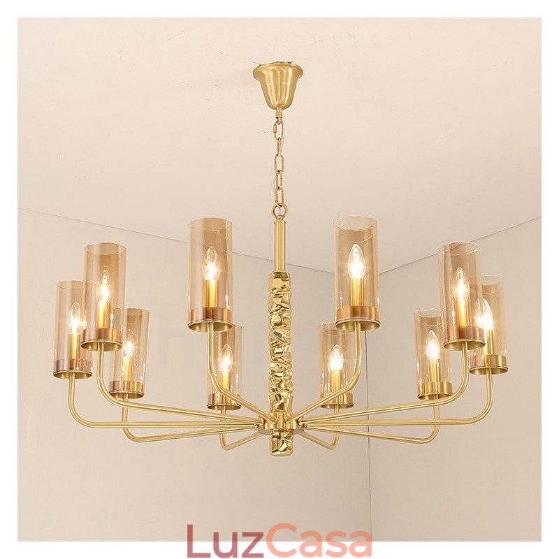 Lustre moderno contemporâneo de latão com 10 luzes e cúpula de vidro