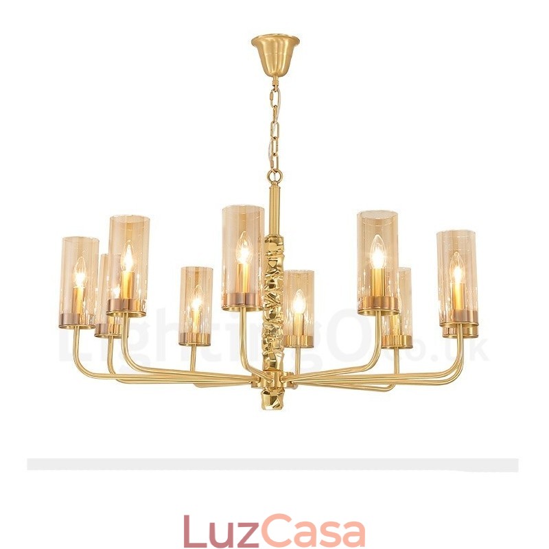 Lustre moderno contemporâneo de latão com 10 luzes e cúpula de vidro