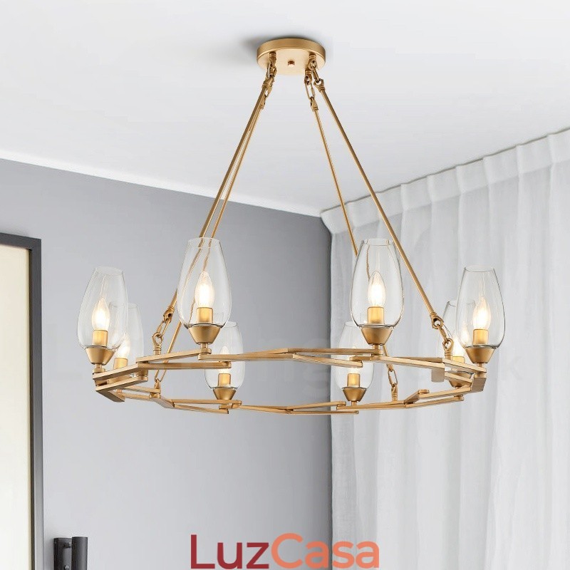 Luminária pendente moderna contemporânea de aço com 8 luzes e cúpula de vidro