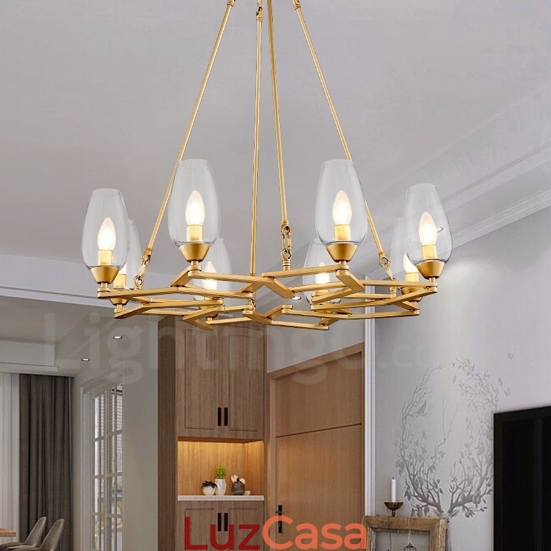 Luminária pendente moderna contemporânea de aço com 8 luzes e cúpula de vidro