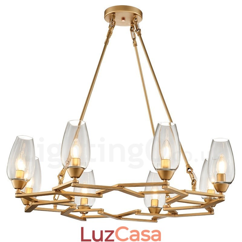 Luminária pendente moderna contemporânea de aço com 8 luzes e cúpula de vidro