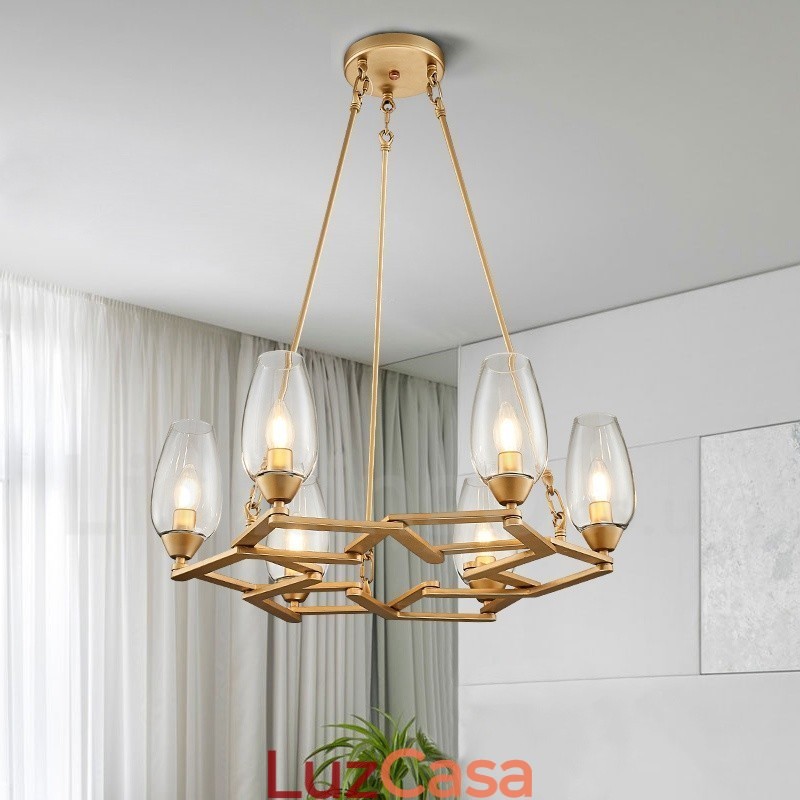 Luminária pendente moderna contemporânea de aço com 6 luzes e cúpula de vidro