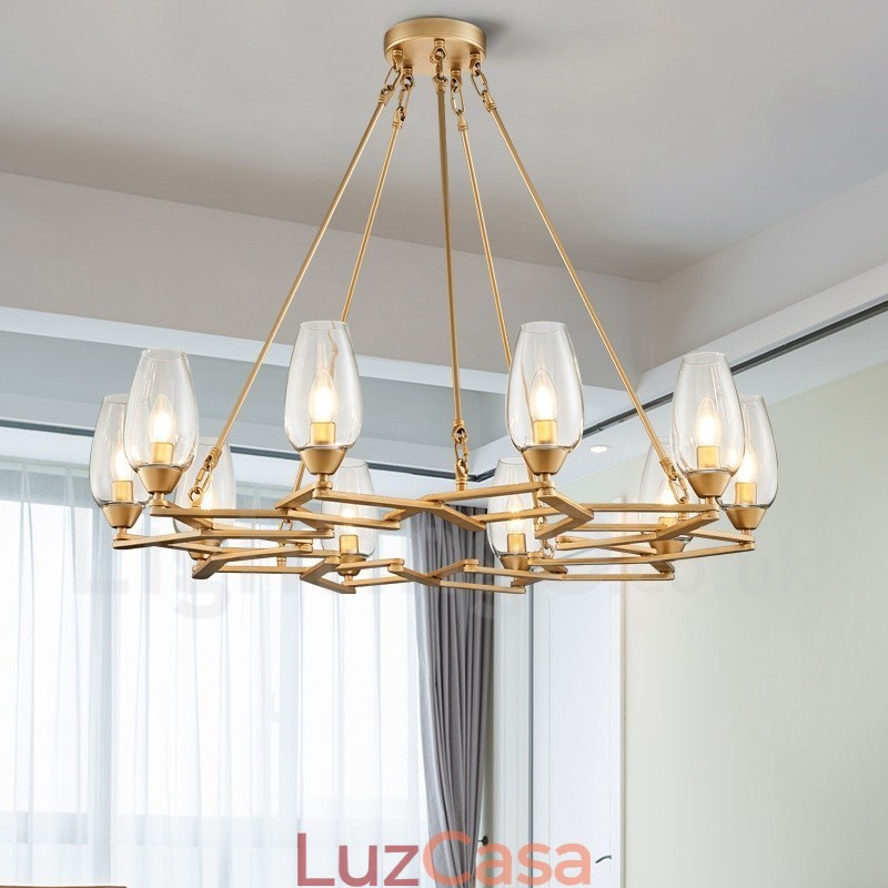 Luminária pendente moderna contemporânea de aço com 10 luzes e cúpula de vidro