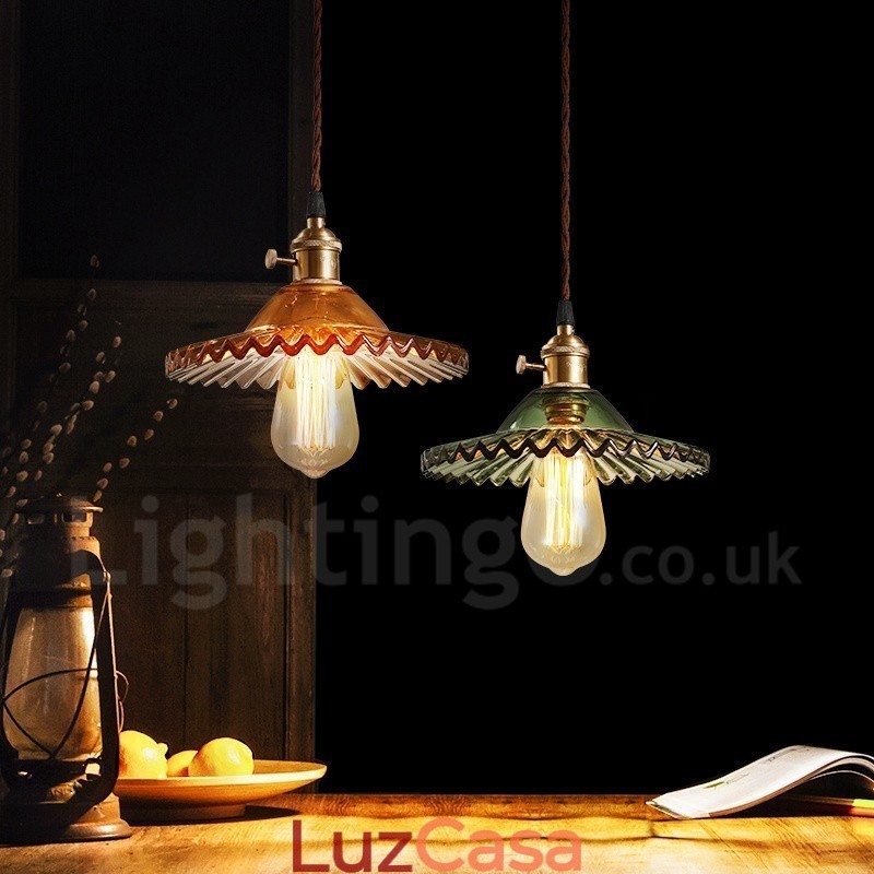 Luminária pendente rústica de aço retrô com 1 luz e cúpula de vidro