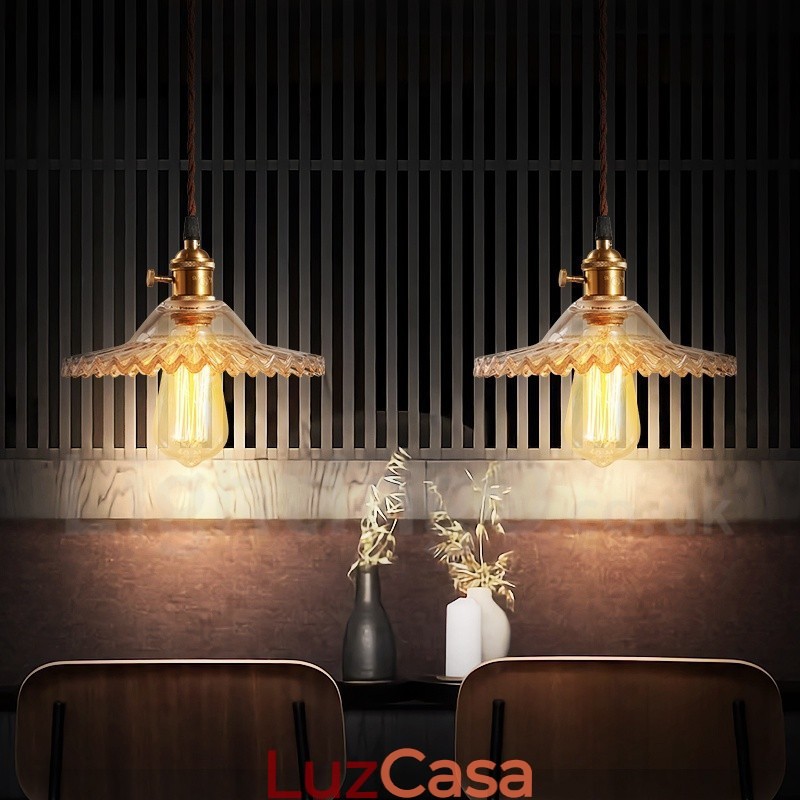 Luminária pendente rústica de aço retrô com 1 luz e cúpula de vidro