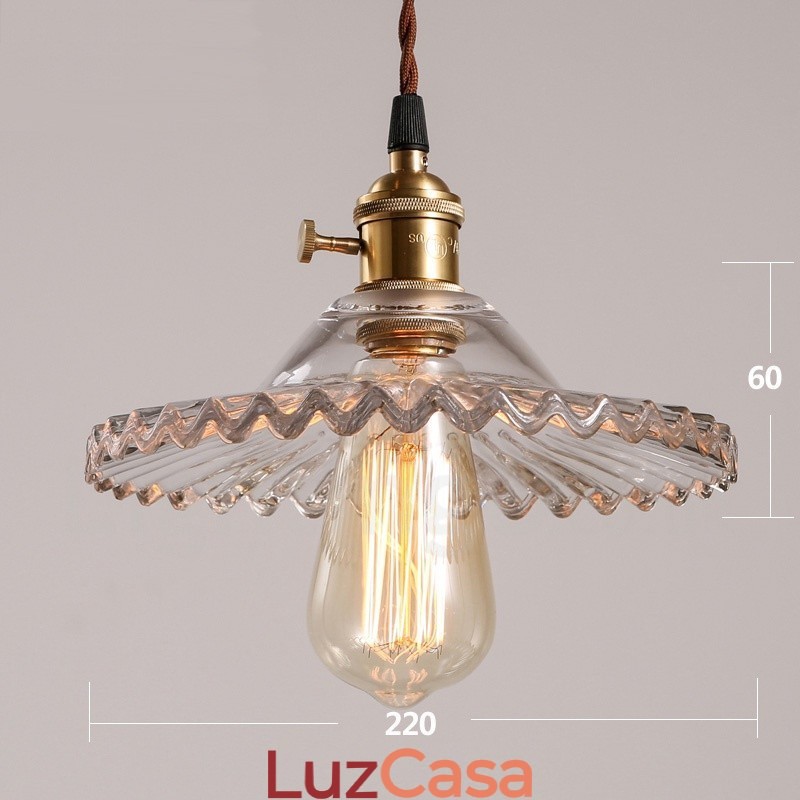 Luminária pendente rústica de aço retrô com 1 luz e cúpula de vidro