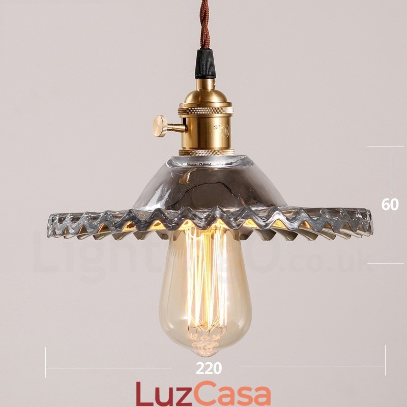 Luminária pendente rústica de aço retrô com 1 luz e cúpula de vidro