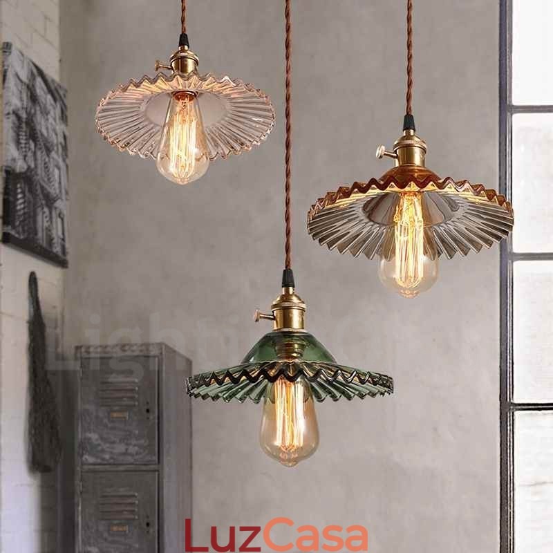 Luminária pendente rústica de aço retrô com 1 luz e cúpula de vidro