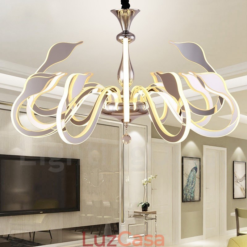 Lustre moderno contemporâneo regulável de aço com 12 luzes e cúpula de acrílico
