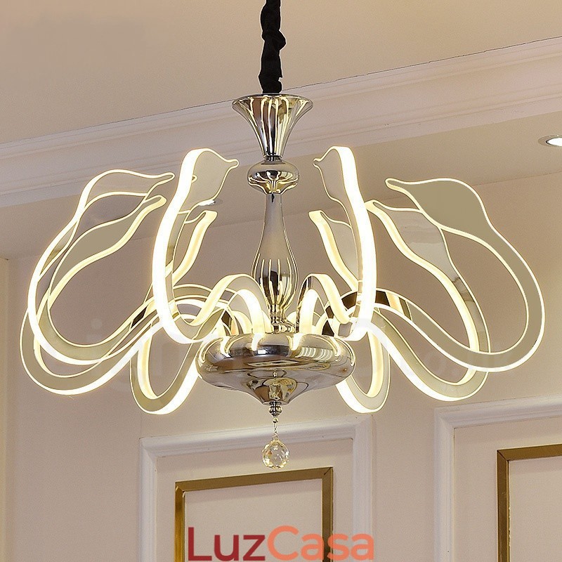 Lustre moderno contemporâneo regulável de aço com 8 luzes e cúpula de acrílico