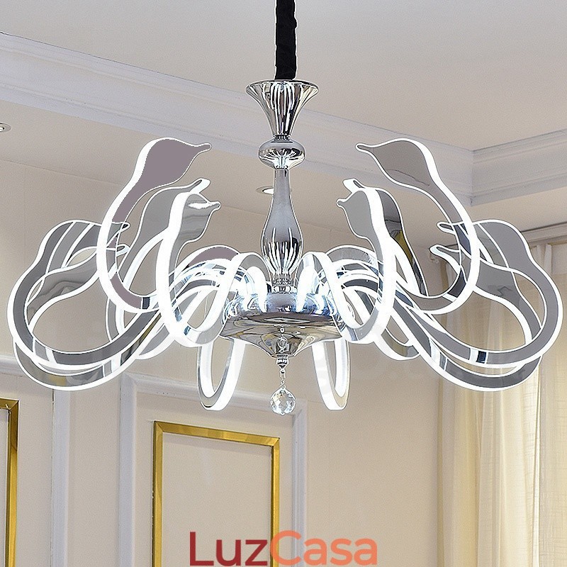Lustre moderno contemporâneo regulável de aço com 10 luzes e cúpula de acrílico