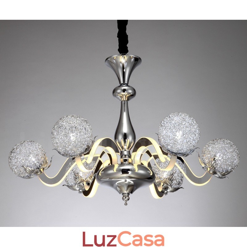 Lustre moderno contemporâneo regulável de aço com 6 luzes e sombra de liga de alumínio