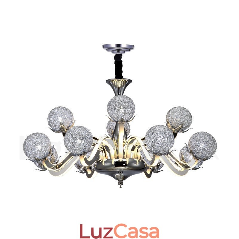 Lustre moderno contemporâneo regulável de aço com 12 luzes e sombra de liga de alumínio