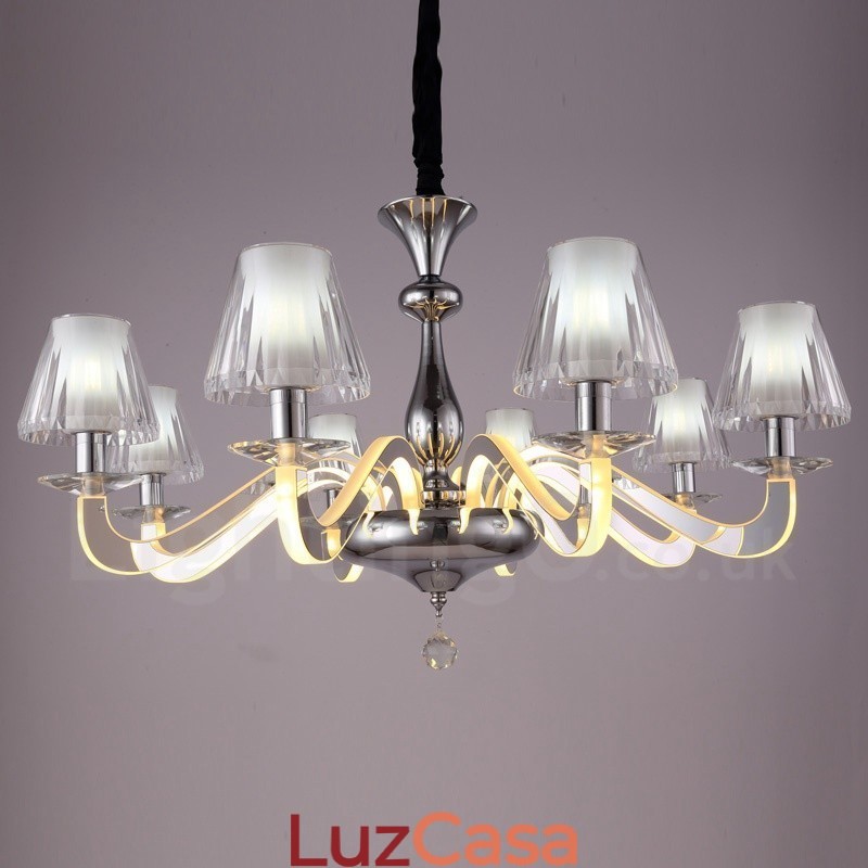 Lustre moderno contemporâneo regulável de aço com 8 luzes e cúpula de vidro