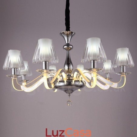 Lustre moderno contemporâneo regulável de aço com 8 luzes e cúpula de vidro Lustre moderno contemporâneo regulável de aço com 8 luzes e cúpula de vidro