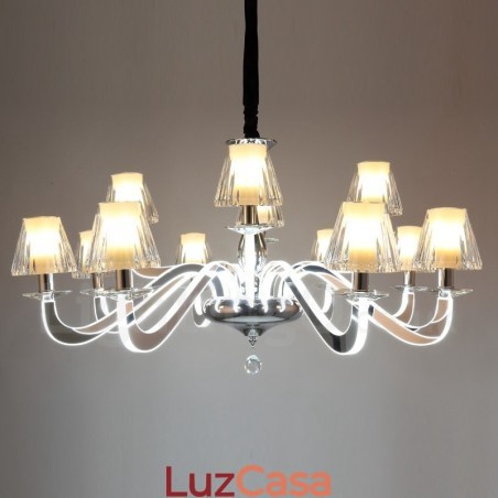 Lustre moderno contemporâneo regulável de aço com 12 luzes e cúpula de vidro
