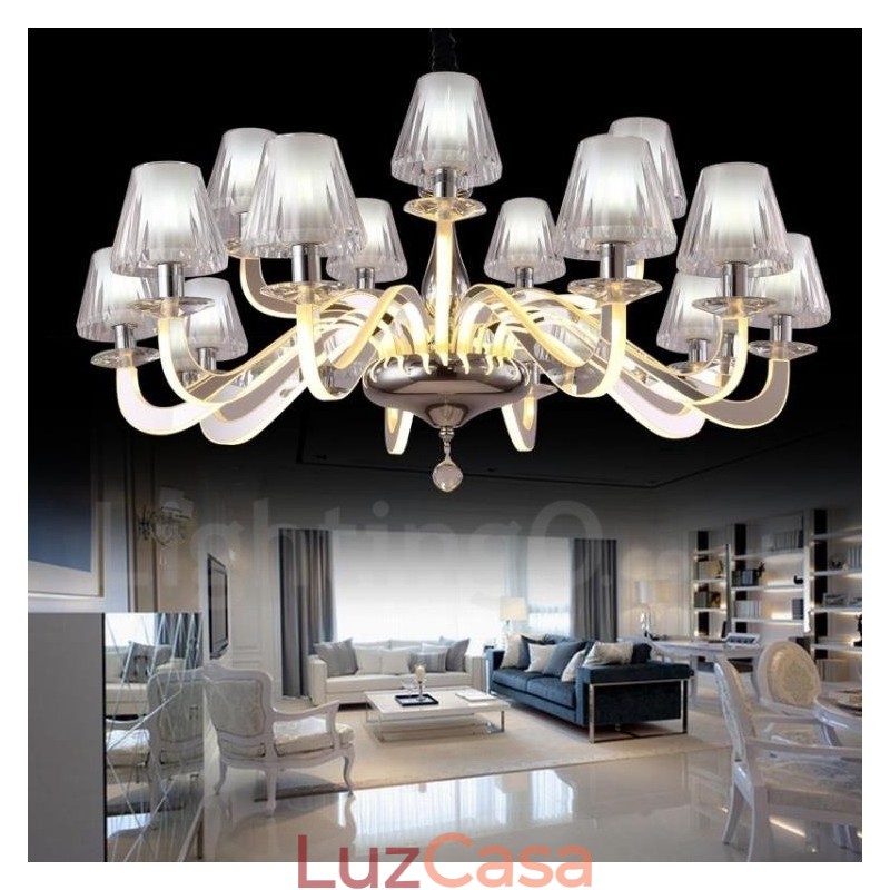 Lustre moderno contemporâneo regulável de aço com 15 luzes e cúpula de vidro