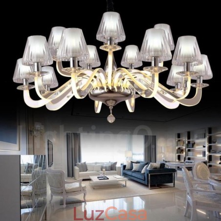 Lustre moderno contemporâneo regulável de aço com 15 luzes e cúpula de vidro Lustre moderno contemporâneo regulável de aço com 15 luzes e cúpula de vidro