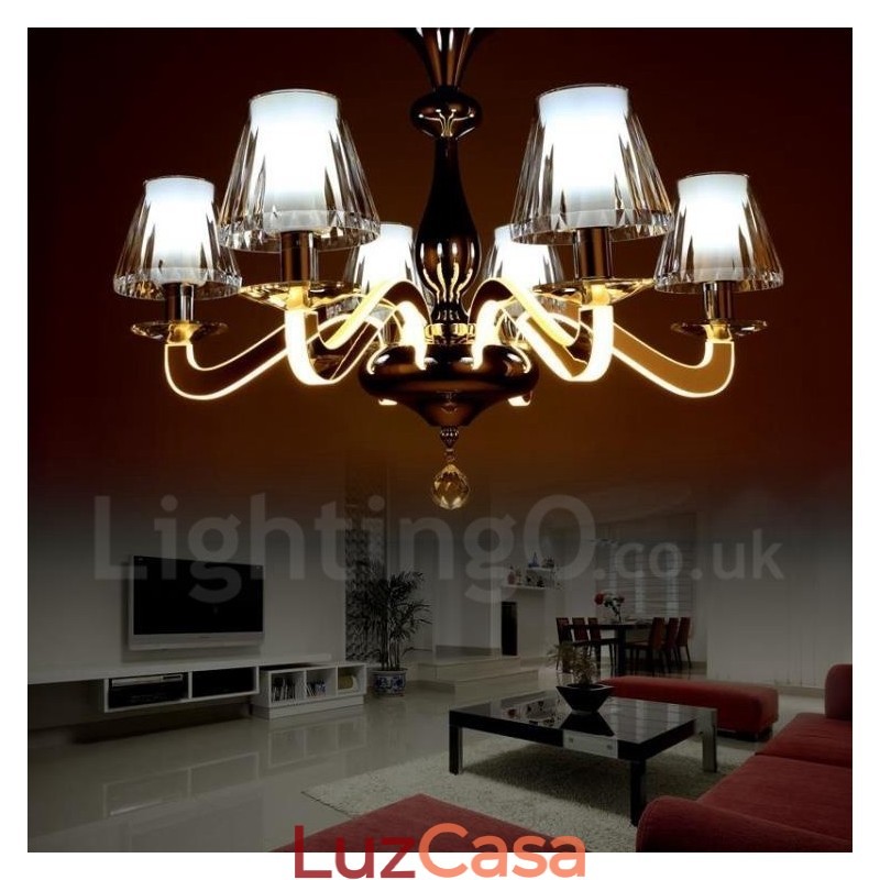 Lustre moderno contemporâneo regulável de aço com 6 luzes e cúpula de vidro