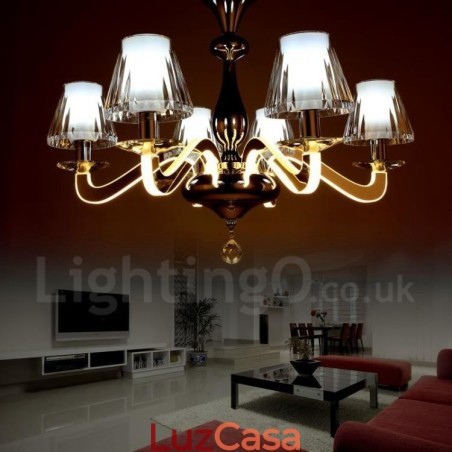 Lustre moderno contemporâneo regulável de aço com 6 luzes e cúpula de vidro Lustre moderno contemporâneo regulável de aço com 6 luzes e cúpula de vidro