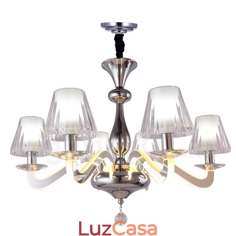 Lustre moderno contemporâneo regulável de aço com 6 luzes e cúpula de vidro