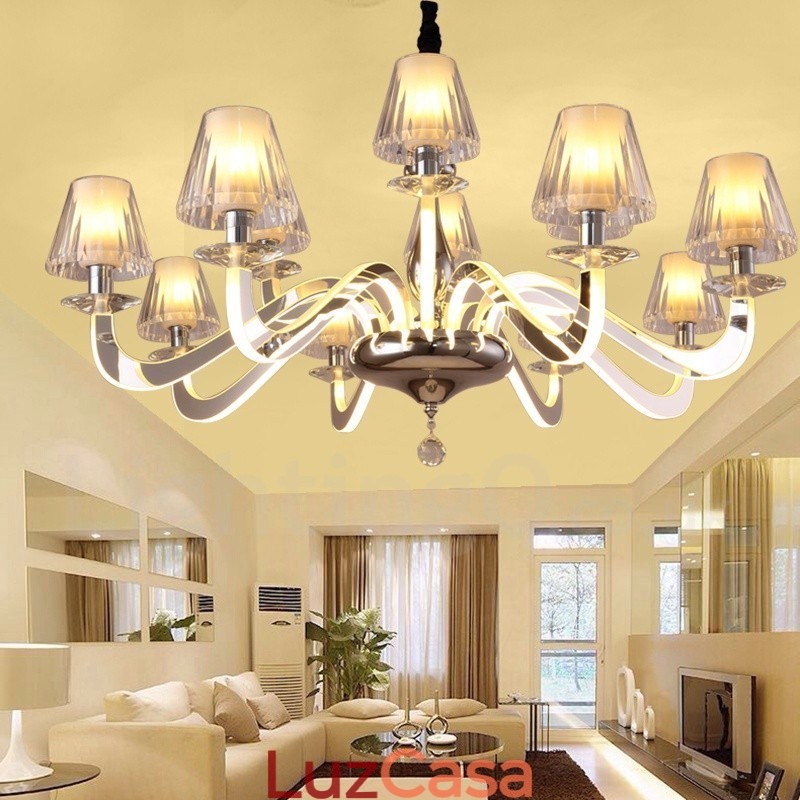 Lustre moderno contemporâneo regulável de aço com 10 luzes e cúpula de vidro