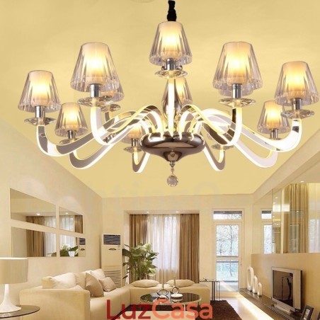 Lustre moderno contemporâneo regulável de aço com 10 luzes e cúpula de vidro Lustre moderno contemporâneo regulável de aço com 10 luzes e cúpula de vidro