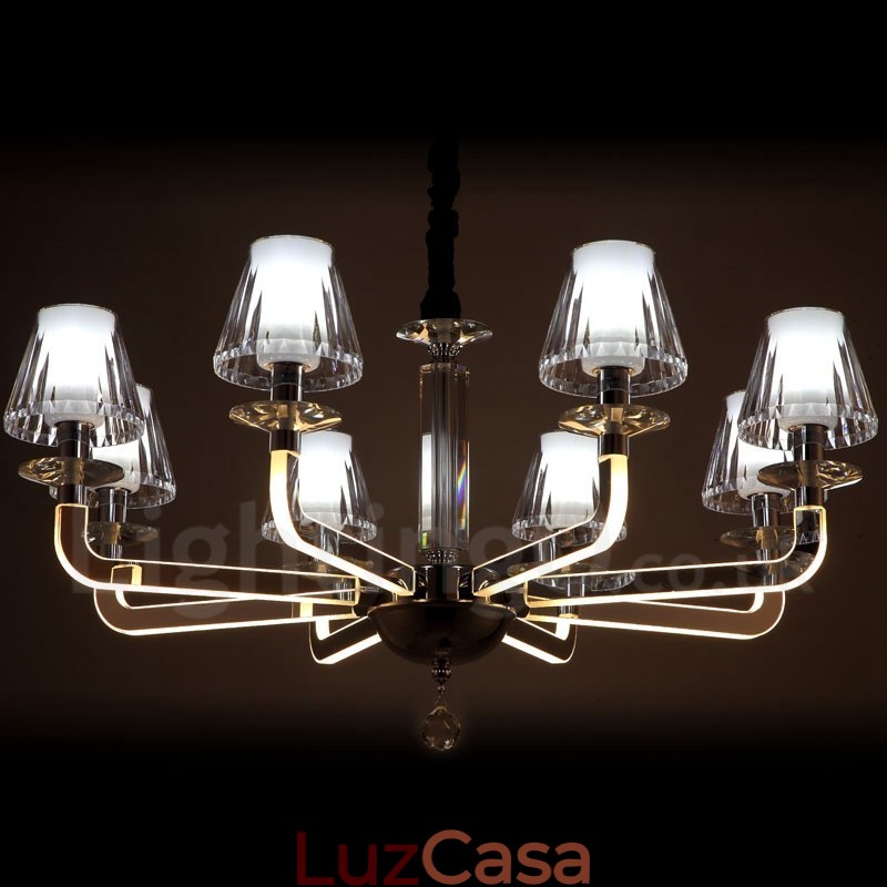 Lustre de cristal moderno contemporâneo regulável com 8 luzes e cúpula de vidro