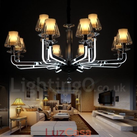 Lustre de cristal moderno contemporâneo regulável de 12 luzes com cúpula de vidro Lustre de cristal moderno contemporâneo regulável de 12 luzes com cúpula de vidro