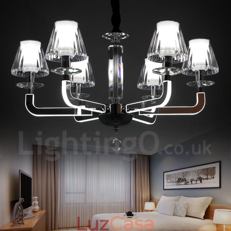Lustre de cristal moderno contemporâneo regulável com 6 luzes e cúpula de vidro
