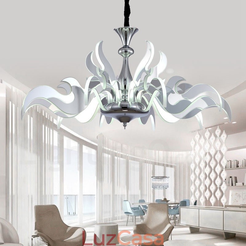 Lustre moderno contemporâneo regulável de aço com 15 luzes e cúpula de acrílico