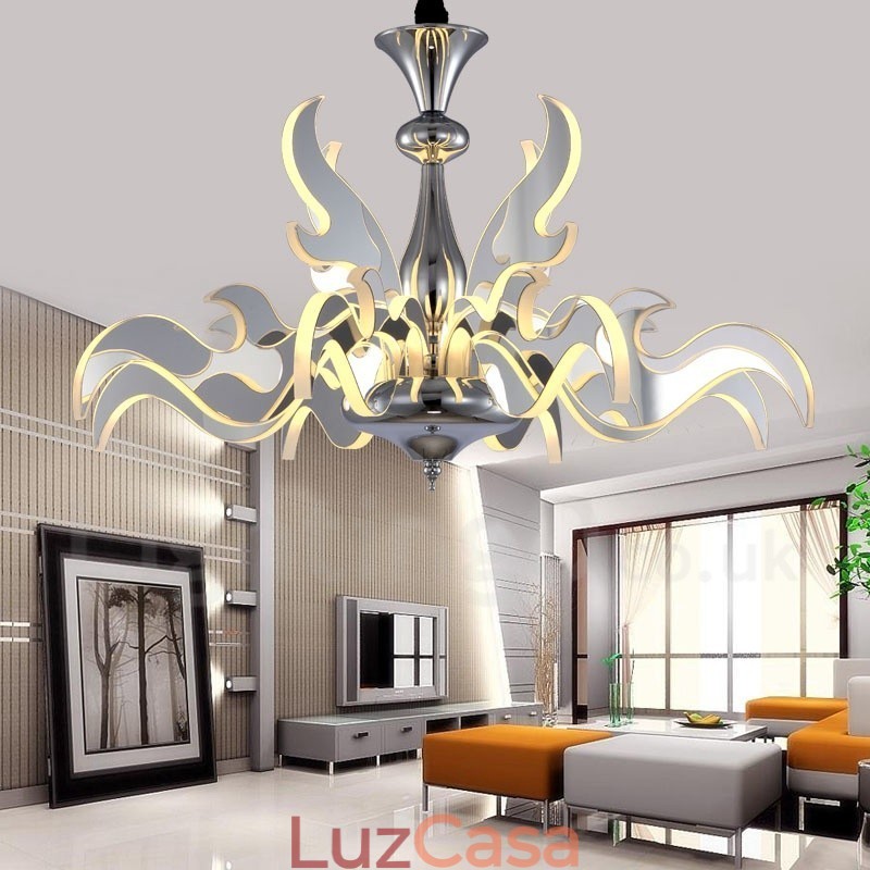 Lustre moderno contemporâneo regulável de aço com 12 luzes e cúpula de acrílico