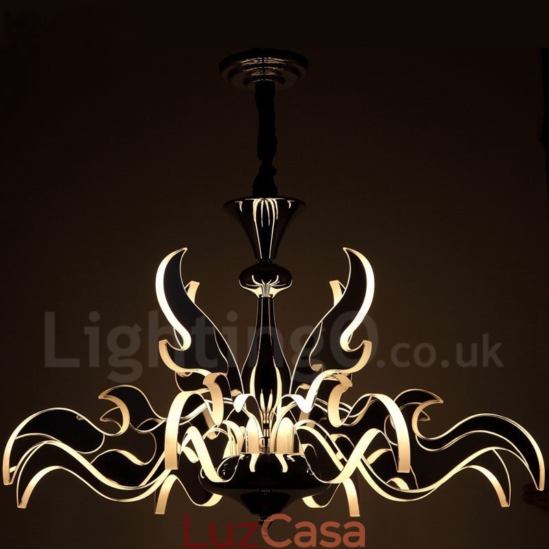 Lustre moderno contemporâneo regulável de aço com 12 luzes e cúpula de acrílico