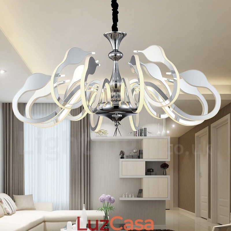 Lustre moderno contemporâneo regulável de aço com 12 luzes e cúpula de acrílico