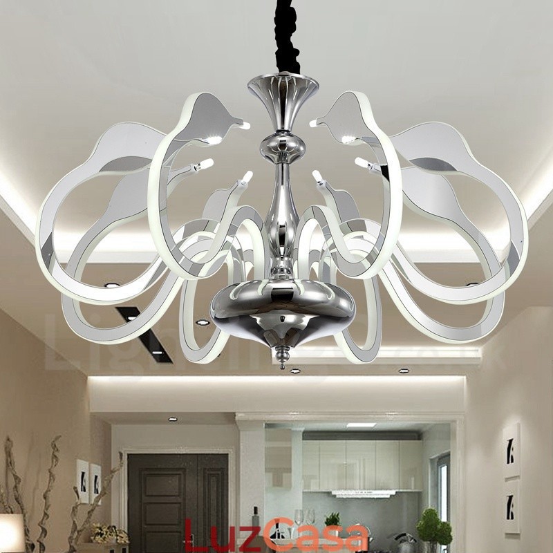 Lustre moderno contemporâneo regulável de aço com 8 luzes e cúpula de acrílico