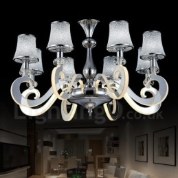 Lustre moderno contemporâneo regulável de aço com 8 luzes e cúpula de vidro
