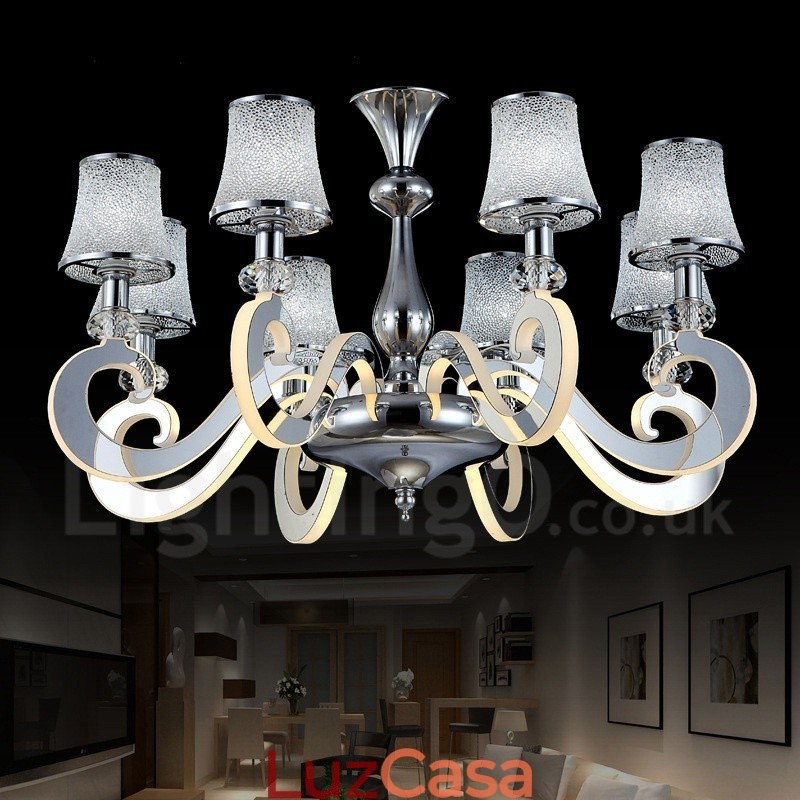 Lustre moderno contemporâneo regulável de aço com 8 luzes e cúpula de vidro